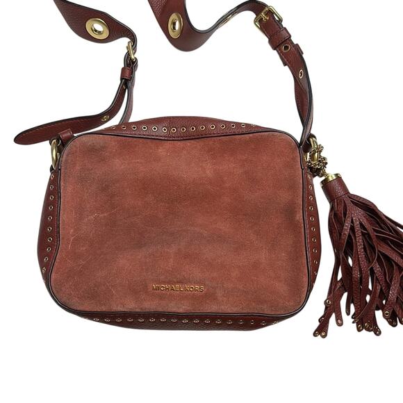 Michael Kors Burgundy & Gold Suede & Leather Brooklyn Camera Crossbody Bag, NWT! - Picture 1 of 8